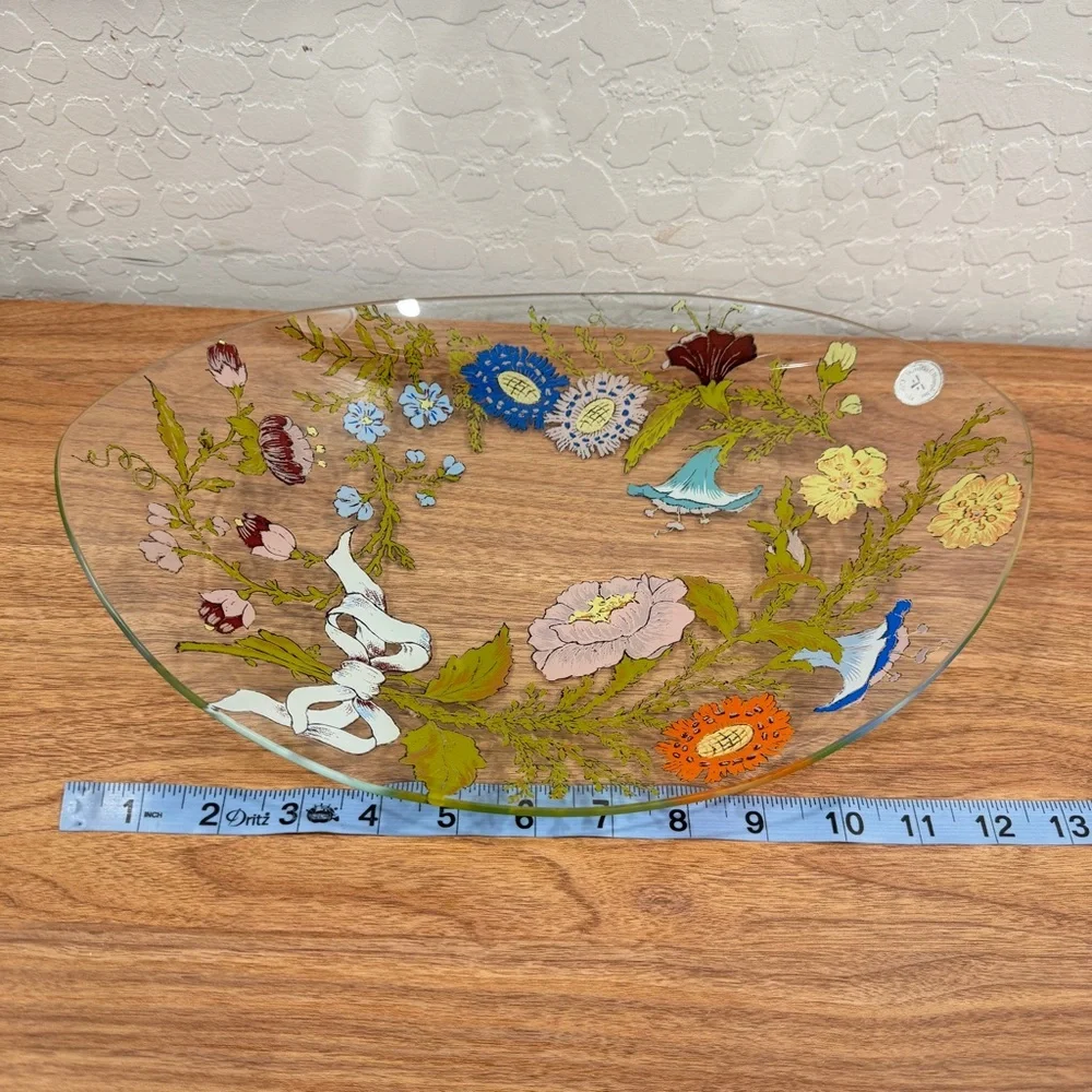 Vintage Dorothy Thorpe Hand-Painted Floral Glass Accent Bowl Platter